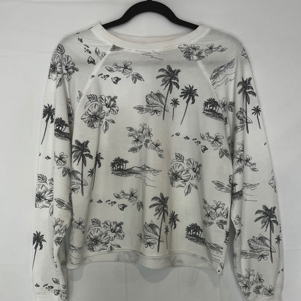 Z Supply Women White Tropical Palm Tree Hibiscus Sketch Raglan Sweatshirt xs